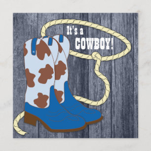 Invitation Fête de naissance Cowboy Bois de Grange Bleue