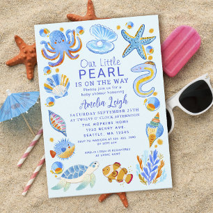 Invitation Fête de naissance créatures marines Perle Océan bl