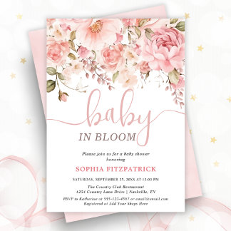 Invitation Fête de naissance de bébé fille aux fleurs aquarel