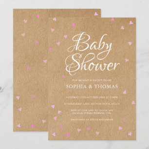 Invitation Fête de naissance de bébé fille Couple Cœurs Rose 