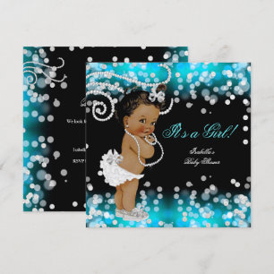 Invitation Fête de naissance de bébé fille Noir Bleu sarcelle