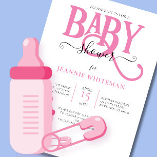 INVITATION FETE DE NAISSANCE DE BÉBÉ FILLE ROSE AVEC BIBERON