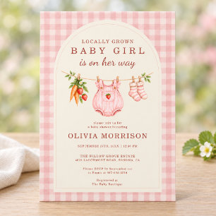 Invitation Fête de Naissance de Bébé Fille Rose Gingham Culti