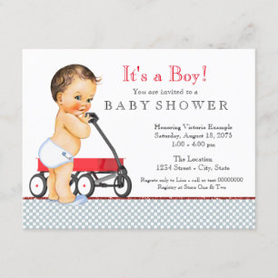Invitation Fête de naissance de bébé garçon avec chariot roug
