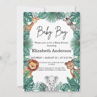 Invitation Fête de naissance de bébé garçon Safari Jungle Ani