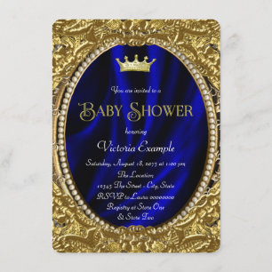 Invitation Fête de naissance de bébé prince bleu royal et or