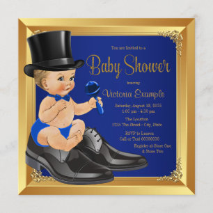 Invitation Fête de naissance de Little Man bleu royal et or