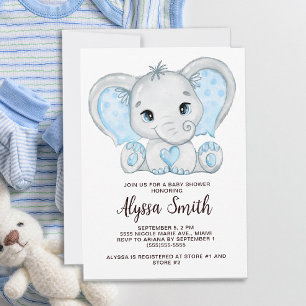 Invitation Fête de naissance de petit garçon éléphant bleu bé