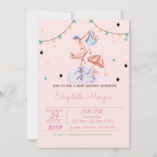Invitation Fête de naissance de petite lapin mignonne cigogne
