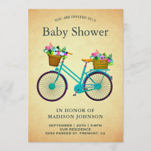 Invitation Fête de Naissance de Vélo Floral Sépia Rétro