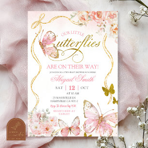 Invitation Fête de naissance des papillons jumeaux rose Coque