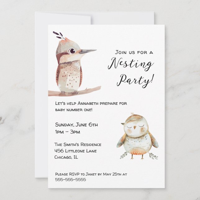 Invitation Fête de Naissance d'Oiseau Bébé de Genre Neutre (Devant)