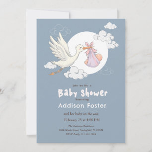 Invitation Fête de Naissance Élégante Fille Bébé cigogne Bleu