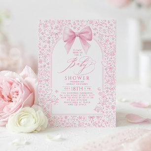 Invitation Fête de Naissance Élégante Fleurie Toile Rose Vint