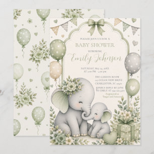 Invitation Fête de naissance éléphant vert sauge