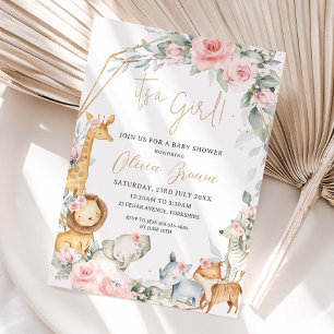 Invitation Fête de naissance Fille Animaux de la Jungle Fleur