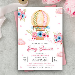 Invitation Fête de naissance fille ballon à air chaud floral