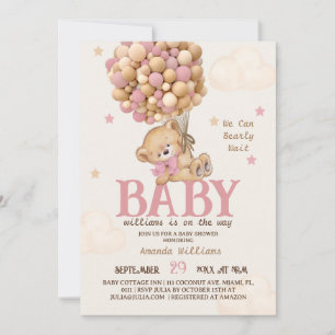 Invitation Fête de naissance fille Ballons Ours Rose