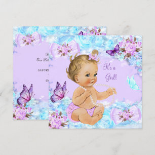 Invitation Fête de naissance fille bébé sarcelle papillon vio