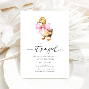 Invitation Fête de naissance Fille Canard à Ruban Rose