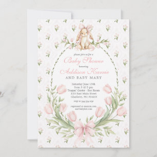 Invitation Fête de naissance Fille Lapin Vintage Rose Floral 