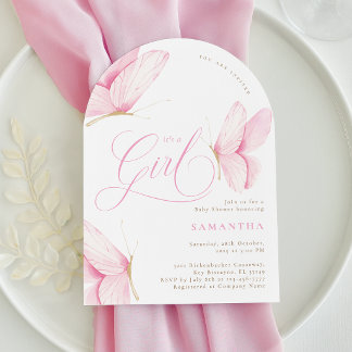 Invitation Fête de naissance fille papillons rose arche