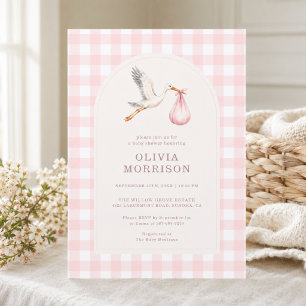 Invitation Fête de naissance Fille Rose Gingham Cigogne