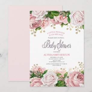 Invitation Fête de naissance Fille Rose Pâle Floral Or