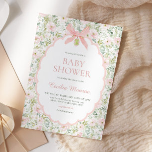 Invitation Fête de naissance fille ruban rose floral vintage