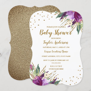 Invitation Fête de naissance Fleur Or Violet Aquarelle