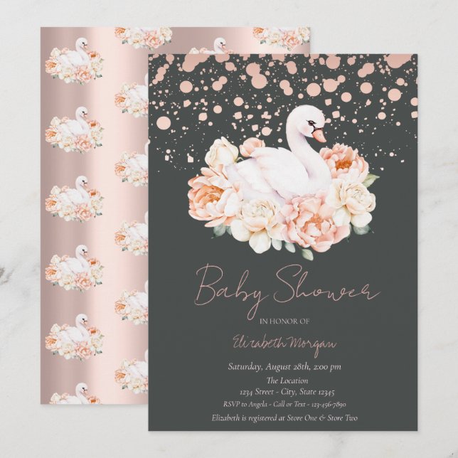 Invitation Fête de naissance Fleur Rose Gold Confetti Cygne (Devant / Derrière)