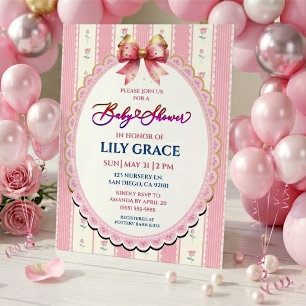 Invitation Fête de Naissance Fleurie avec Ruban Rose et Or