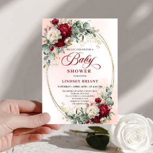 Invitation Fête de naissance florale rouge foncé bohème roman