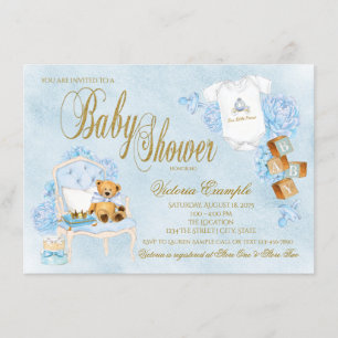 Invitation Fête de naissance garçon aquarelle bébé bleu or