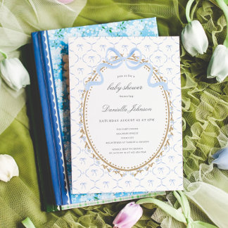 Invitation Fête de naissance garçon aux nœuds bleus floraux v