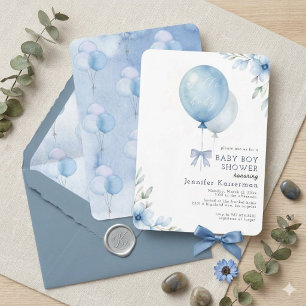 Invitation Fête de naissance garçon Ballon Floral Aquarelle B