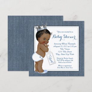Invitation Fête de naissance garçon bleu denim Afro-Américain
