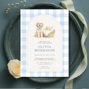 Invitation Fête de Naissance Garçon Chien Bleu Gingham