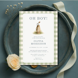 Invitation Fête de Naissance Garçon Gingham Vert Sauge Golf
