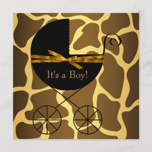 Invitation Fête de Naissance Garçon Girafe Carrosse Brun Doré
