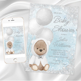 Invitation Fête de naissance garçon ours en peluche Hiver Mer