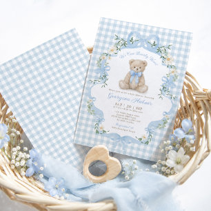 Invitation Fête de naissance garçon Ourson en vichy bleu
