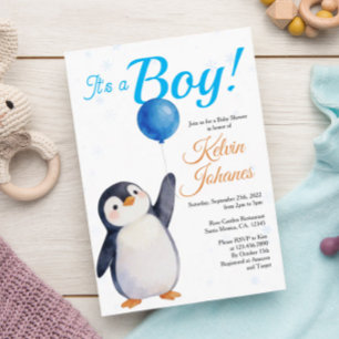 Invitation Fête de naissance garçon pingouin bleu ballon aqua