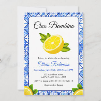 Invitation Fête de naissance Italian Blue Tile Ciao Bambino 