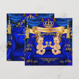 Invitation Fête de naissance jumeaux garçon prince bleu or