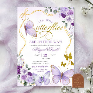 Invitation Fête de Naissance Jumeaux Papillon Violet Coquette