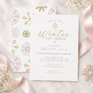 Invitation Fête de naissance minimaliste flocon de neige rose
