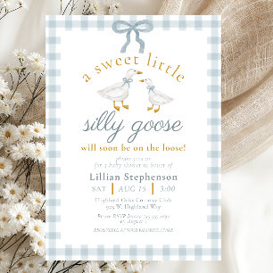 Invitation Fête de Naissance Oie Folle Ruban Bleu Canard Ging