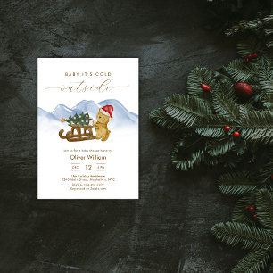Invitation Fête de naissance ours traîneau de bois rustique d