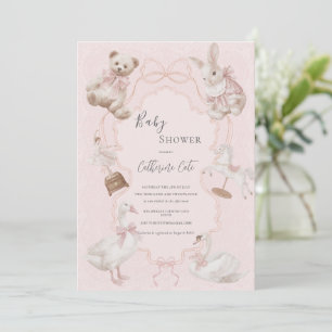 Invitation Fête de naissance ourson élégant rose capricieux